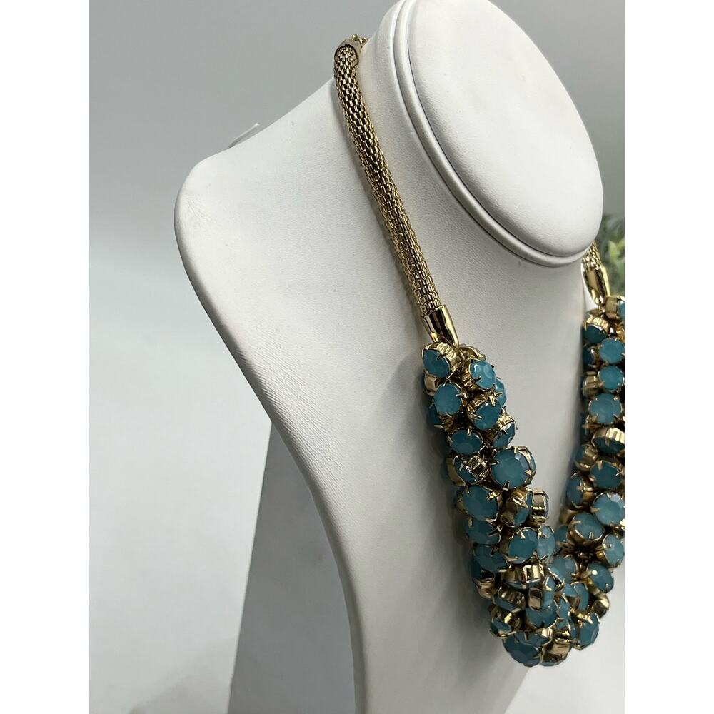 Gold Tone Rope Chain Prong Set Faceted Blue‎ Rhinestone Necklace - Picture 6 of 9